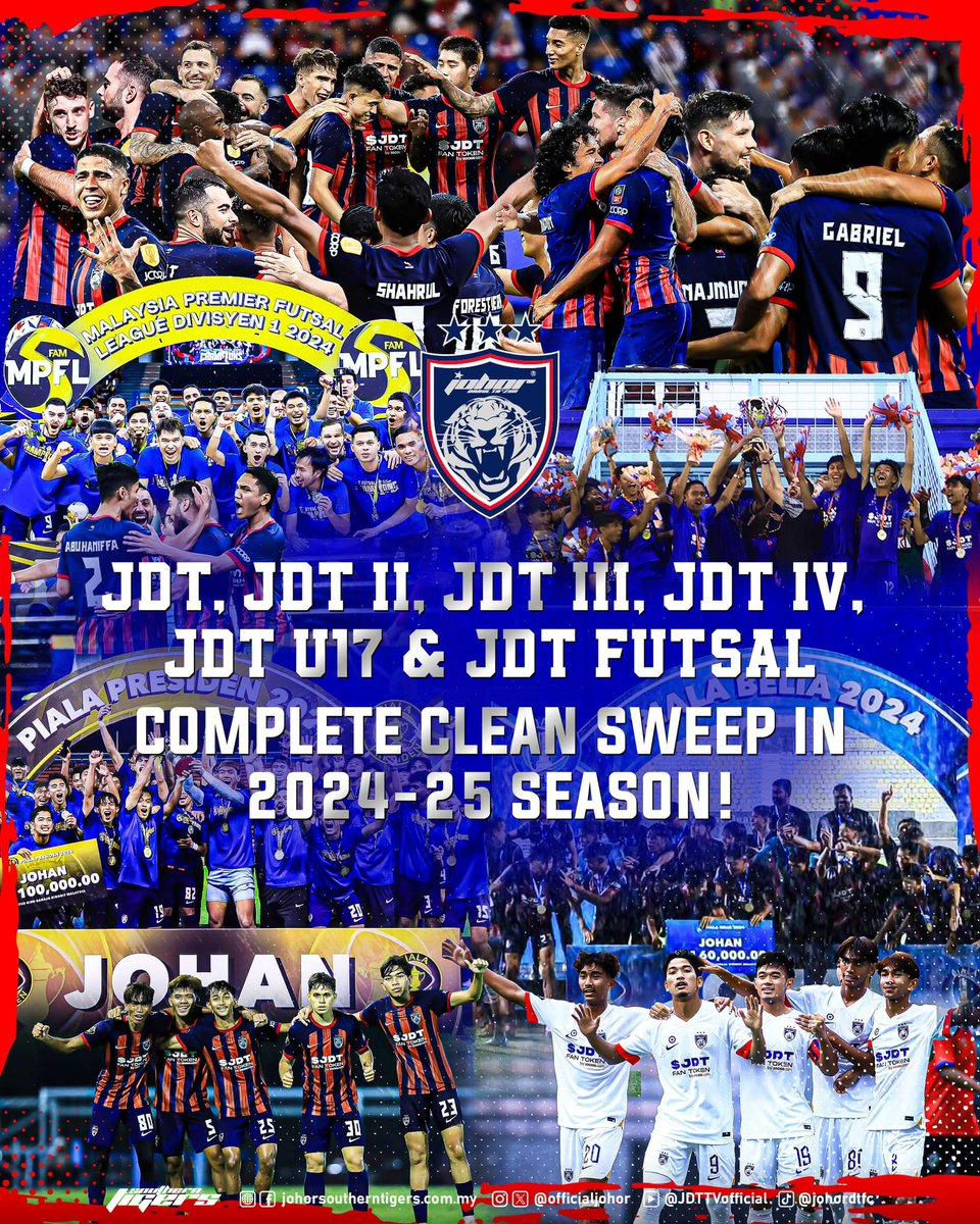 JDT, JDT II, JDT III, JDT IV, JDT U17 &amp; JDT FUTSAL COMPLETE CLEAN SWEEP OF LEAGUE TITLES IN 2024-25 SEASON!

Another record in Malaysian Football! Winning it all.  💙❤️

LEAGUE TITLES
JDT — Malaysia Super League
JDT Futsal — Malaysia Premier Futsal League
JDT II (U23) — MFL Cup