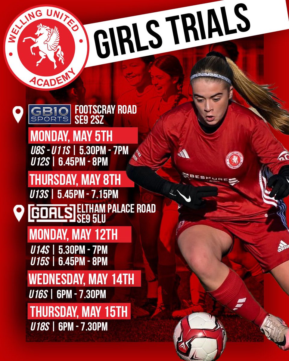 ⚽️ Trials for our girls teams across all ages take place in May! 

From U8s to U18s, we’re looking for the future stars of women’s football 💪 

✍️ Sign up here: forms.gle/fBze1i9hJZJgph…

#wearewings @wellingutdwfc @WellingGirls