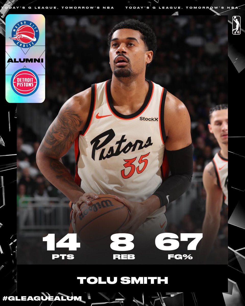nbagleague's tweet image. Tolu Smith shined in his NBA debut with the @DetroitPistons, recording 14 points and 8 rebounds in just 22 minutes! 💪 #GLeagueAlum