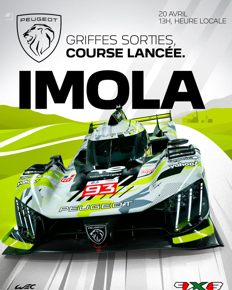 PeugeotFR's tweet photo. Imola : Le défi commence ! 🇮🇹
Les moteurs s’échauffent, la tension monte et 73 600 supporters sont prêts à faire vibrer le circuit. Imola, on arrive ! #6HImola #Peugeot9X8 #WEC #SortonsLesGriffes https://t.co/DbXLYZVK4P