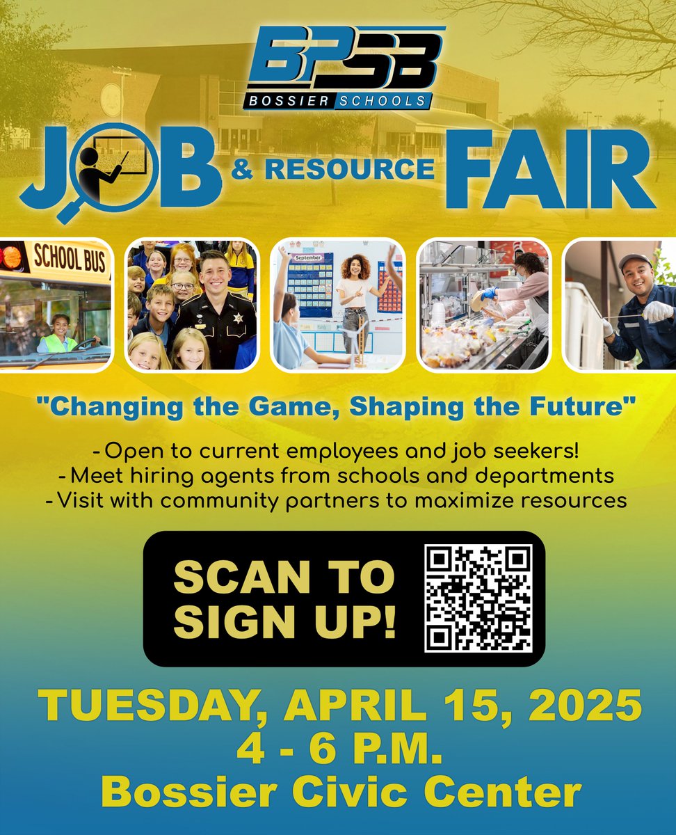 📢 Bossier Schools Job &amp; Resource Fair TOMORROW! Tues, April 15th, 4-6 pm at Bossier Civic Center.
Explore career paths, connect with principals, HR, and more! Register: bossierschools.org/careers #BossierSchools #startstaysoar