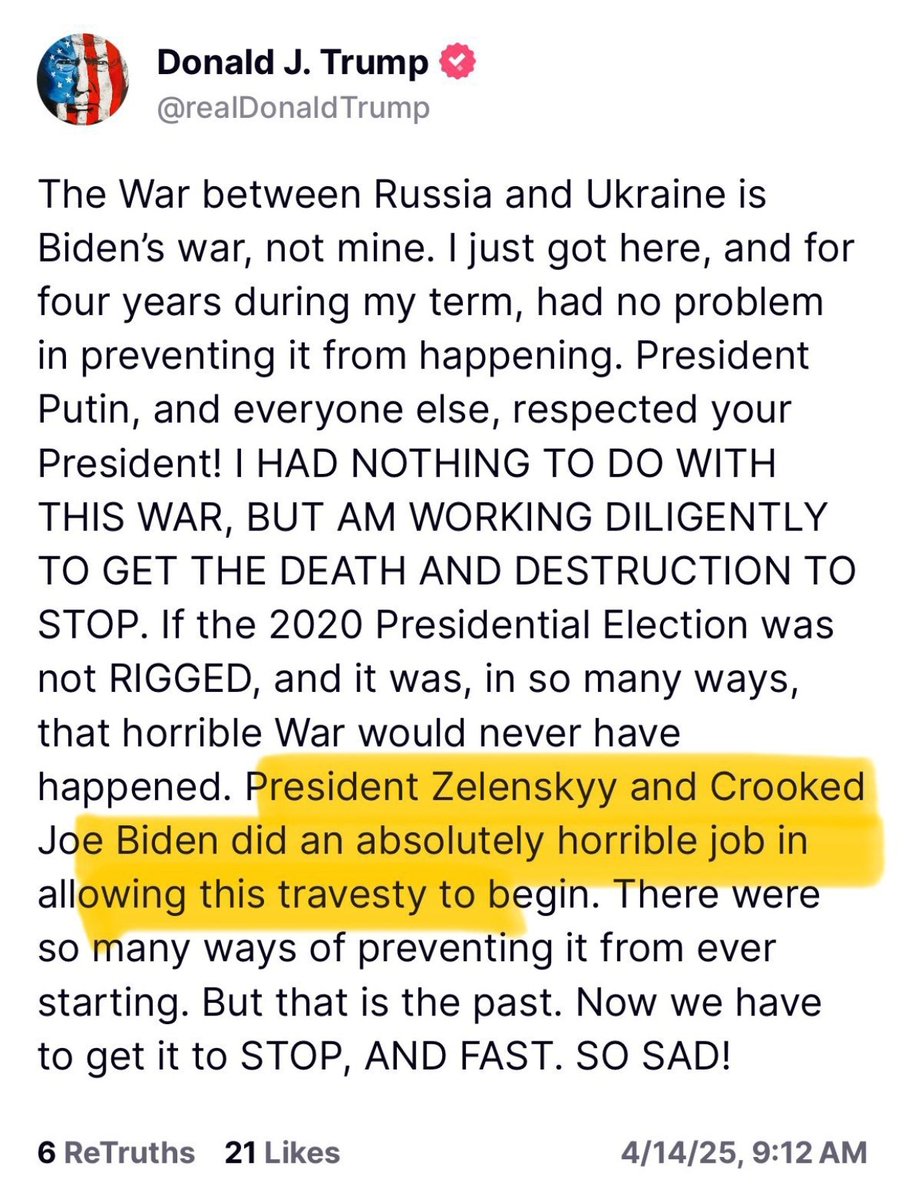 Russia invaded Crimea in 2014. Trump was president from 2017 to 2021. He had four years to help end the war. He didn’t.