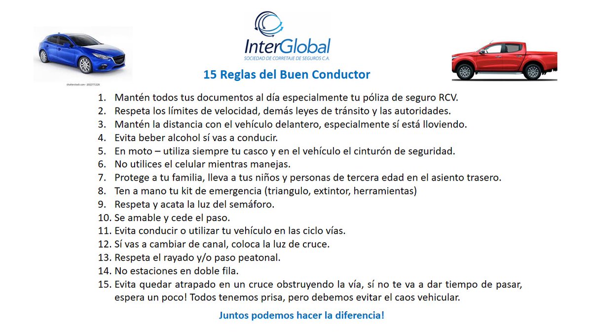 InterGlobal Sociedad de Corretaje de Seguros, C.A. (@interglobalsc) on Twitter photo Estimada red en #InterGlobal queremos compartirles algunos tips de #seguridadvial especialmente para quienes viajen durante el asueto de #SemanaSanta2025. Recuerden tener sus documentos al día en especial los de su #PolizaRCV 📩 autointerno@inter-global.com.ve 📞(0212)2863485 Estimada red en #InterGlobal queremos compartirles algunos tips de #seguridadvial especialmente para quienes viajen durante el asueto de #SemanaSanta2025. Recuerden tener sus documentos al día en especial los de su #PolizaRCV 📩 autointerno@inter-global.com.ve 📞(0212)2863485