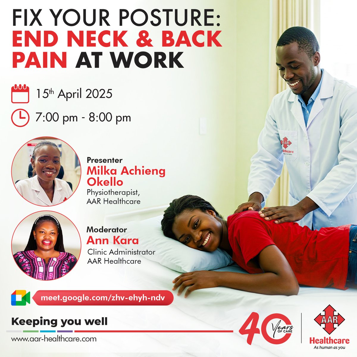 AAR_Healthcare's tweet photo. Sitting all day? Feeling that neck or back strain? Join us on April 15th from 7:00 to 8:00 pm for expert tips on how to improve your posture and reduce pain at work.

Join via Google: https://t.co/jh79vdHpVF

#Physiotherapy #AsHumanAsYou #AARHealthcare https://t.co/uB1Fh6tn2U