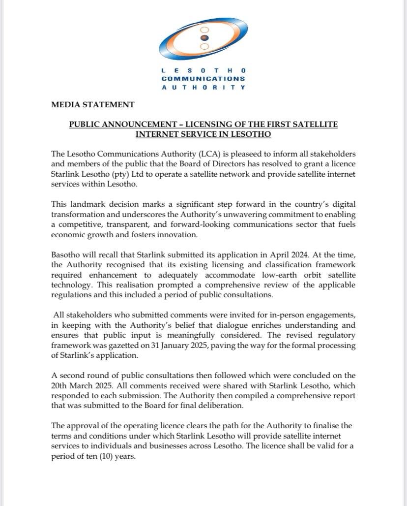 The regulator in Lesotho on <a href="/Starlink/">Starlink</a>. #sabcnews