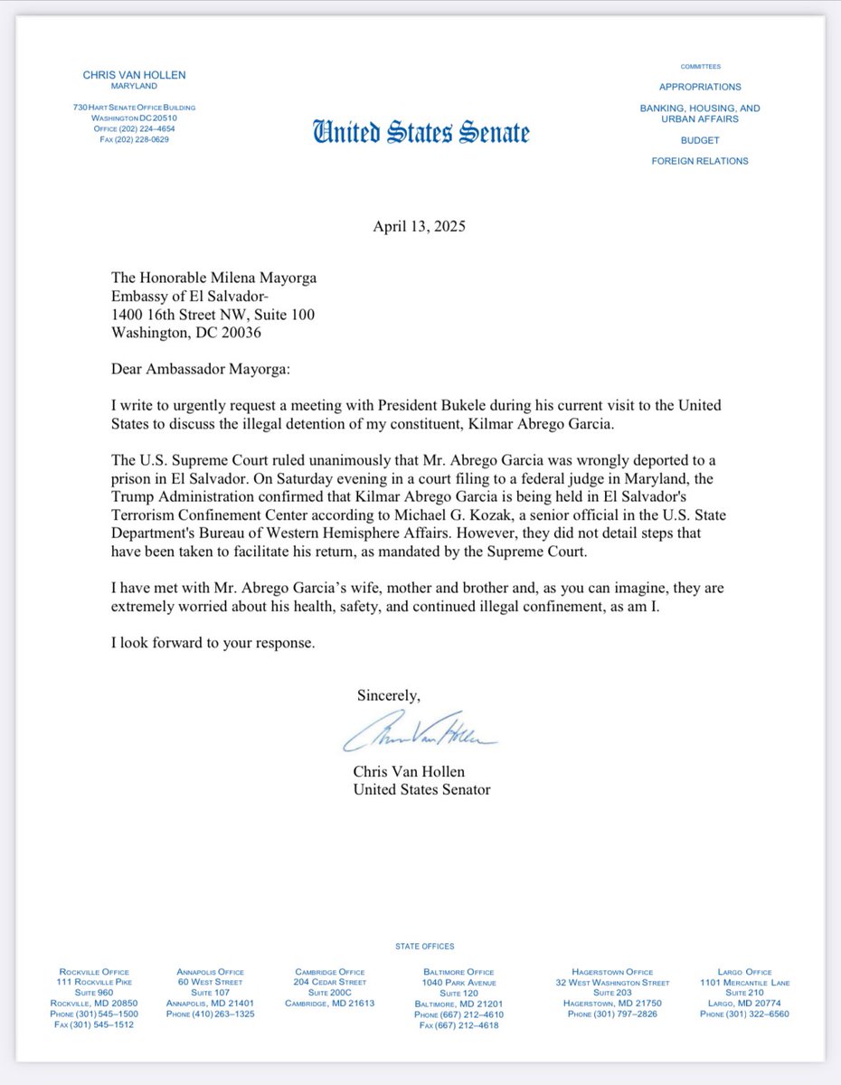 Jackie (@jackie_koppell) on Twitter photo Sen. from Maryland, <a href="/ChrisVanHollen/">Senator Chris Van Hollen</a>, requests meeting with El Salvadoran President Bukele regarding the detention of Kilmar Abrego Garcia.
Says if Abrego Garcia isn't home by midweek, he will travel to El Salvador to check on Abrego Garcia's condition and discuss his release. Sen. from Maryland, <a href="/ChrisVanHollen/">Senator Chris Van Hollen</a>, requests meeting with El Salvadoran President Bukele regarding the detention of Kilmar Abrego Garcia.
Says if Abrego Garcia isn't home by midweek, he will travel to El Salvador to check on Abrego Garcia's condition and discuss his release.