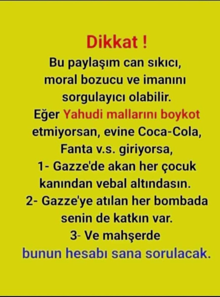 Boykotta taviz vermiyelim 
.
#FreePalestine 
#BoykotaDevamEdiyoruz