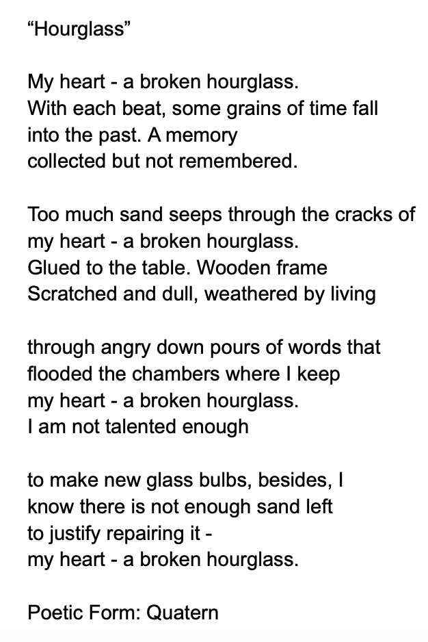 jdog90's tweet photo. #poem for day 14 of #PAD2025... prompt was 'Losing' poem.
Title: "Hourglass"
Poetic Form: #Quatern (Might have to click on image to read full poem.) #poetrylovers #poetry #life #time https://t.co/0tHV40iEC2