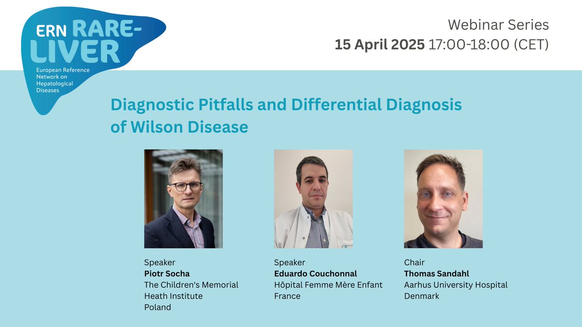 ERN RARE LIVER (@ern_rare_liver) on Twitter photo 🎓 TODAY – Don't miss our webinar on Diagnostic Pitfalls in Wilson Disease hosted by #ERNRARELIVER!
🧠 Challenges, genetics, atypical cases & more.
🗓️ Apr 15 | 🕔 5PM CET
🎙️ Expert panel
🔗 Zoom: uke-de.zoom-x.de/j/65289423694?…
#WilsonDisease #RareDiseases #Hepatology 🎓 TODAY – Don't miss our webinar on Diagnostic Pitfalls in Wilson Disease hosted by #ERNRARELIVER!
🧠 Challenges, genetics, atypical cases & more.
🗓️ Apr 15 | 🕔 5PM CET
🎙️ Expert panel
🔗 Zoom: uke-de.zoom-x.de/j/65289423694?…
#WilsonDisease #RareDiseases #Hepatology