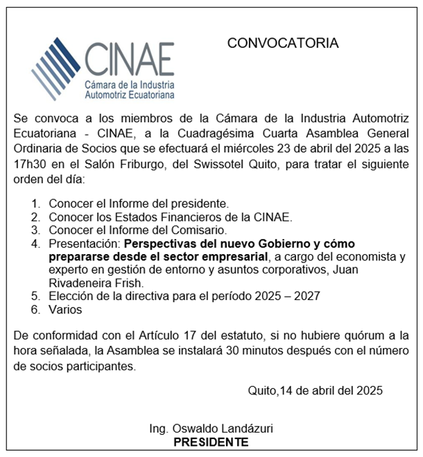 Convocatoria: Cuadragésima Cuarta Asamblea General Ordinaria de Socios CINAE-2025