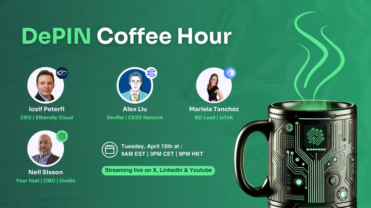 ☕ Episode 6 of DCH is brewing!

Join us for this week’s virtual coffee break with a stellar lineup of guests sharing what drives them and where they see the future going 🎙️💡

- <a href="/IosifPeterfi/">Iosif Peterfi 🇷🇴🇩🇪🇺🇸</a>, CEO, <a href="/Ethernity_cloud/">Ethernity Cloud</a>
- <a href="/AlexLiu_CESS/">Alex | CESS Network</a>, DevRel, <a href="/CESS_Storage/">CESS Network</a>
- <a href="/mtanchezm/">Mariela Tanchez</a>, BD Lead,