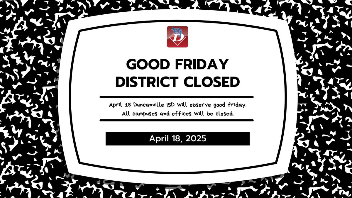 📢 CALENDAR REMINDER 📢

Panthers! Reminder about Good Friday on April 18th.  All Duncanville ISD campuses and offices will be closed on Friday, April 18th.

📲 » duncanvilleisd.org/calendar