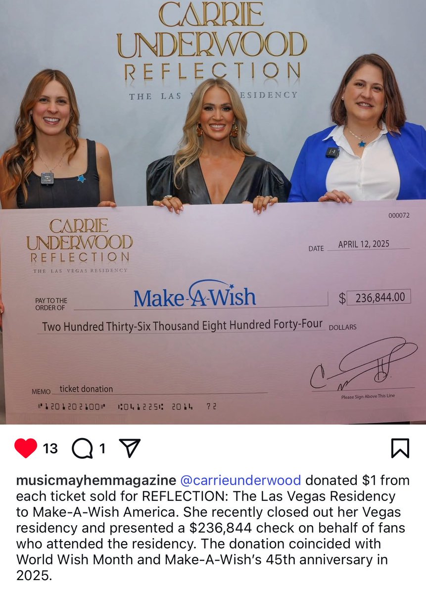 MollyVegas's tweet photo. Congrats @carrieunderwood and team for so much success. Your generosity is just one example of your kind heart. 💛 https://t.co/TkwKXpAeER
