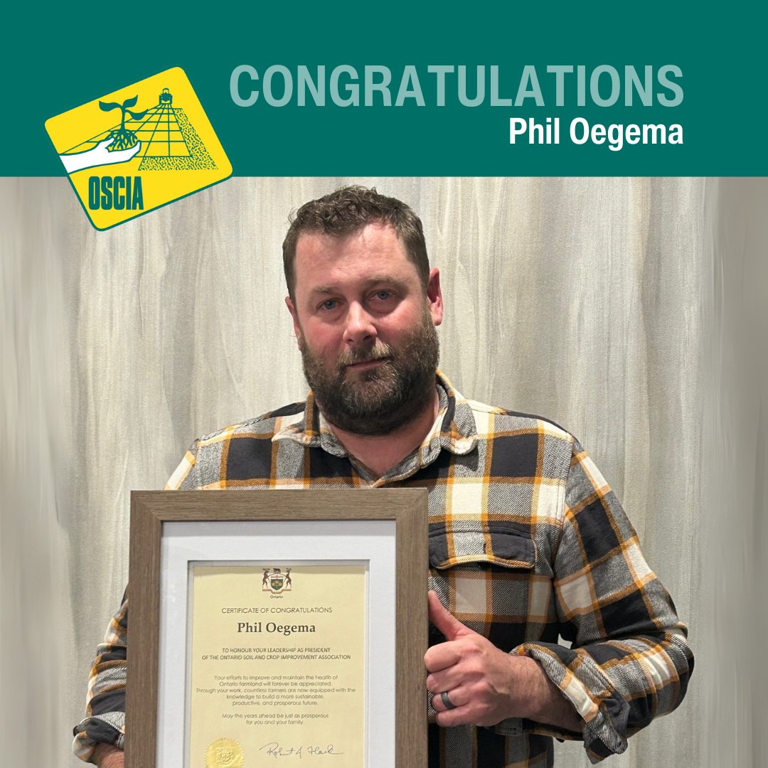 Celebrating a well-deserved honour for Phil Oegema: he has been recognized by the Honourable Rob Flack for exceptional leadership during his role as OSCIA Chair

Thank you Phil, for your vision &amp; dedication—they have shaped a stronger and more sustainable OSCIA

#OntarioSoilCrop