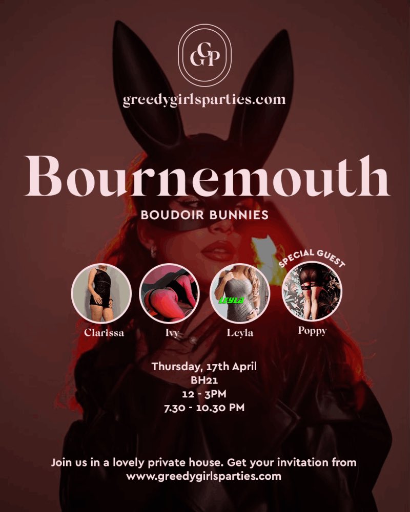 The Original Greedy Girls Parties (@greedygirldeb) on Twitter photo THIS THURSDAY 💋 We’re bringing the heat to Bournemouth 🔥🔥🔥
Join 4 sexy bunnies and don’t forget to bring your carrots 🥕
🐰Leyla
🐰<a href="/MlleIvy/">Mademoiselle Ivy 🌿</a>
🐰Clarissa
🐰Special guest Poppy
Invites:
greedygirlsparties.com/site%204/futur… THIS THURSDAY 💋 We’re bringing the heat to Bournemouth 🔥🔥🔥
Join 4 sexy bunnies and don’t forget to bring your carrots 🥕
🐰Leyla
🐰<a href="/MlleIvy/">Mademoiselle Ivy 🌿</a>
🐰Clarissa
🐰Special guest Poppy
Invites:
greedygirlsparties.com/site%204/futur…