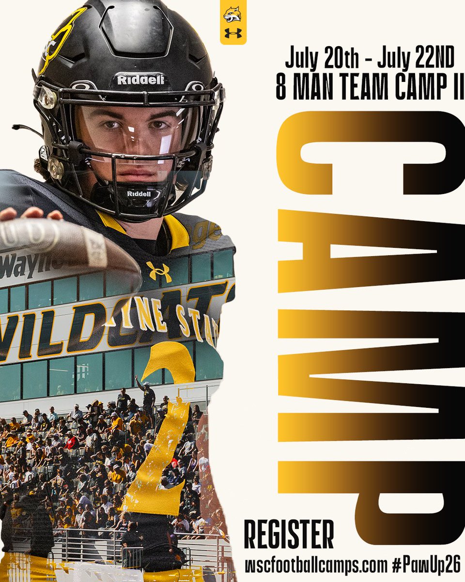 Wayne State Football (@waynestfootball) on Twitter photo ‼️Bring your team to complete with some of the best 8 Man teams in the Midwest‼️
TEAM CAMP 1: June 29th - July 1st
TEAM CAMP 2: July 20th - July 22nd
For more information, please contact Brody Rohach at brroha01@wsc.edu ‼️Bring your team to complete with some of the best 8 Man teams in the Midwest‼️
TEAM CAMP 1: June 29th - July 1st
TEAM CAMP 2: July 20th - July 22nd
For more information, please contact Brody Rohach at brroha01@wsc.edu