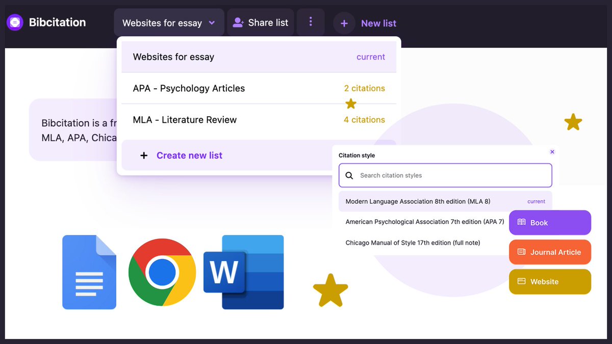 Did you know ChatGPT may be giving you fake citations?? Don't panic! Bibcitation has your back.

Generate accurate citations with just ONE click—whether you're using MLA, APA, Chicago or working with Chrome, Google, or Docs. We've got you covered! 📚✨ bibcitation.com