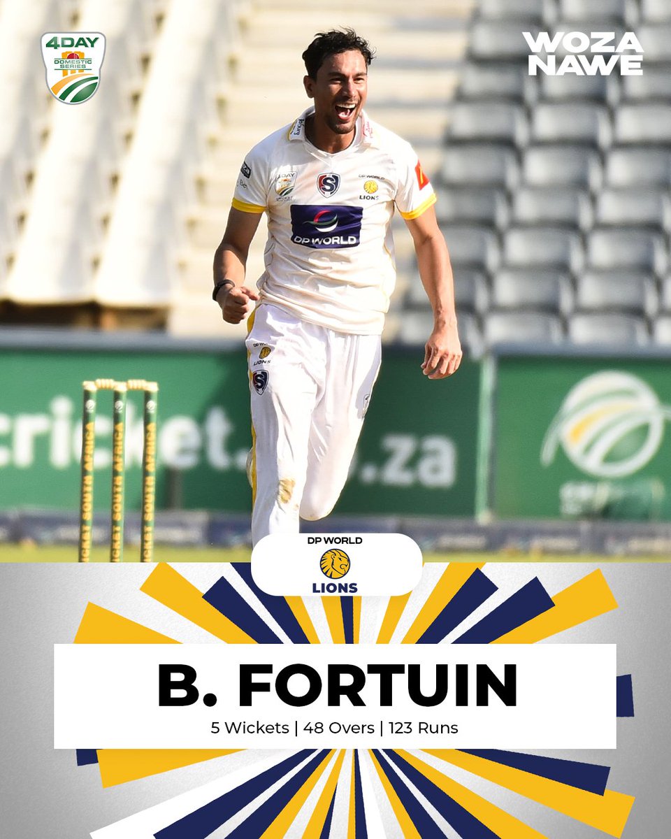 A superb display of bowling from Bjorn Fortuin, wrapping up the season with a brilliant 5-wicket haul in the #4DaySeries Final! 🔥🏆 

Top effort, Bjorn – well bowled! 👏💪🏏 

#WozaNawe #BePartOfIt #4DaySeries