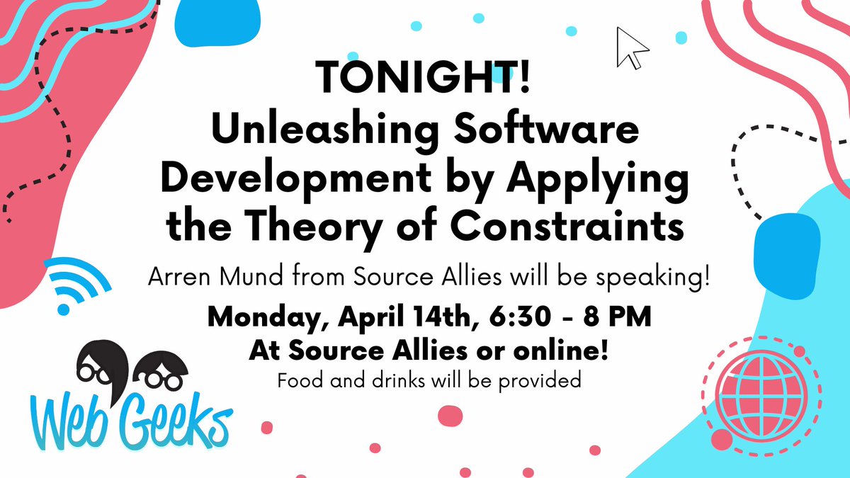 Join us for our WebGeeks meetup TONIGHT at 6:30pm!  Arren Mund from Source Allies will present "Unleashing Software Development by Applying the Theory of Constraints"
Details: bit.ly/WG-Unleashing-…

In Person @ Source Allies or on twitch:  twitch.tv/dsmwebgeeks