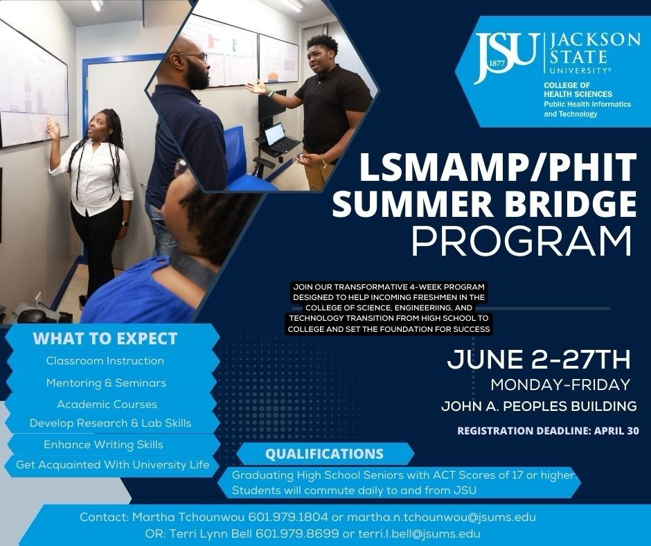 jsu_phit's tweet photo. Know any high school students in grades 10, 11, &amp; 12 and incoming college freshmen interested in STEM? Our Summer Bridge program emphasizes informatics &amp; data analytics to equip students with essential analytical skills for career success

SEE FLYER BELOW! https://t.co/m9NUWVu5Ml