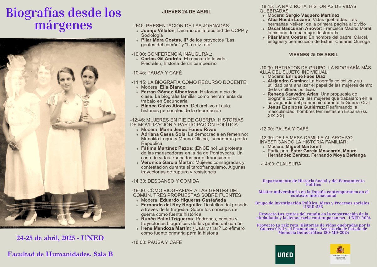 El 24 y 25 de abril debatiremos en <a href="/UNED/">UNED</a> sobre biografía, gentes del común, fuentes, historia familiar, bios colectivas... poniendo nombre a personas anónimas/olvidadas que contribuyeron a construir democracia y merecen ser recordadas... "Biografías desde los márgenes". ¡Veníos!