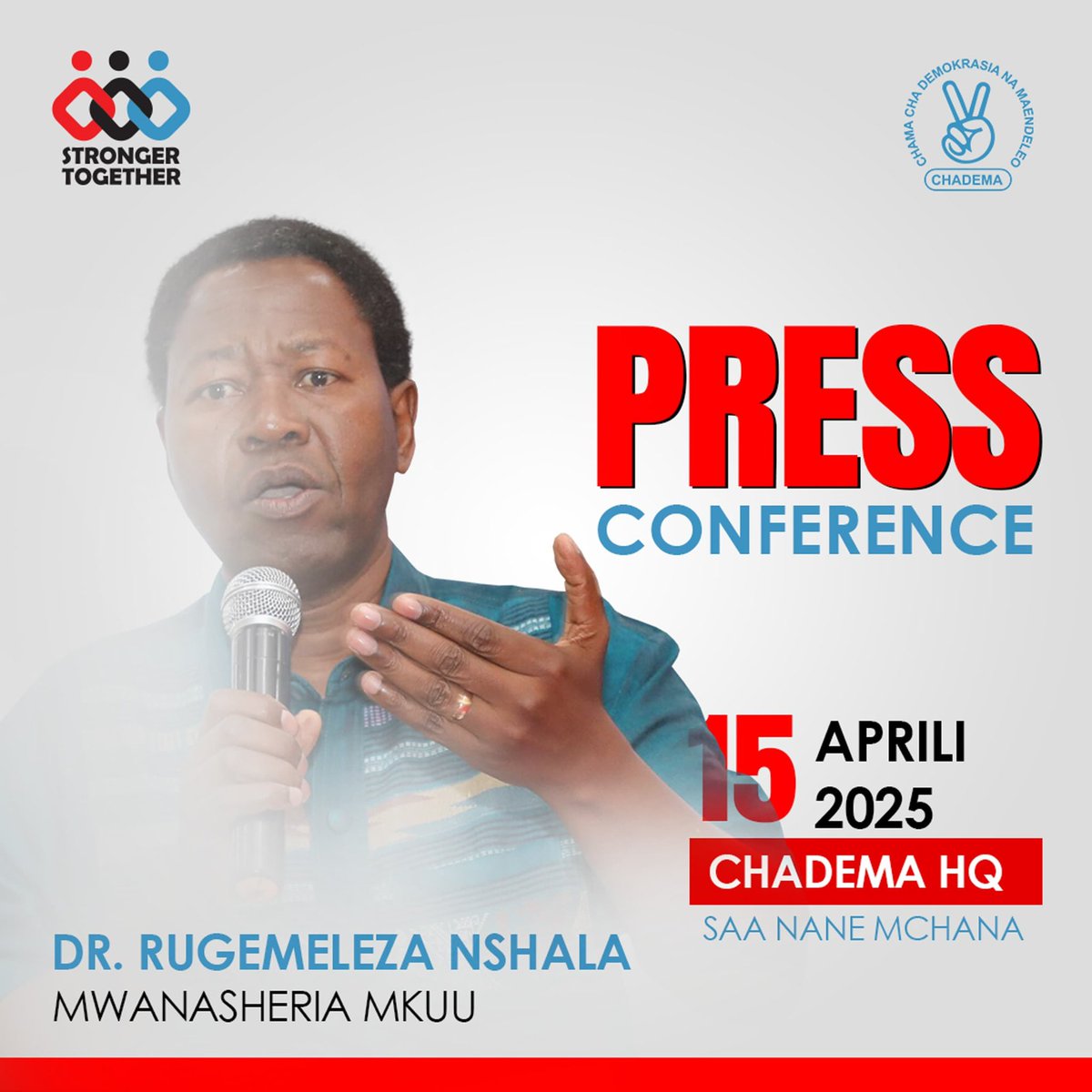 Liberatus80's tweet image. Mwanasheria Mkuu, Dr. @rugemeleza, wa @ChademaTz atazungumza kesho, Jumanne, April 15, 2025.

Eneo: CHADEMA HQ

Muda: 2:00PM

#NoReformsNoElection #NIMO #ToneTone #FreeTunduLissu #FreeTunduLissuNow #FreeLissu