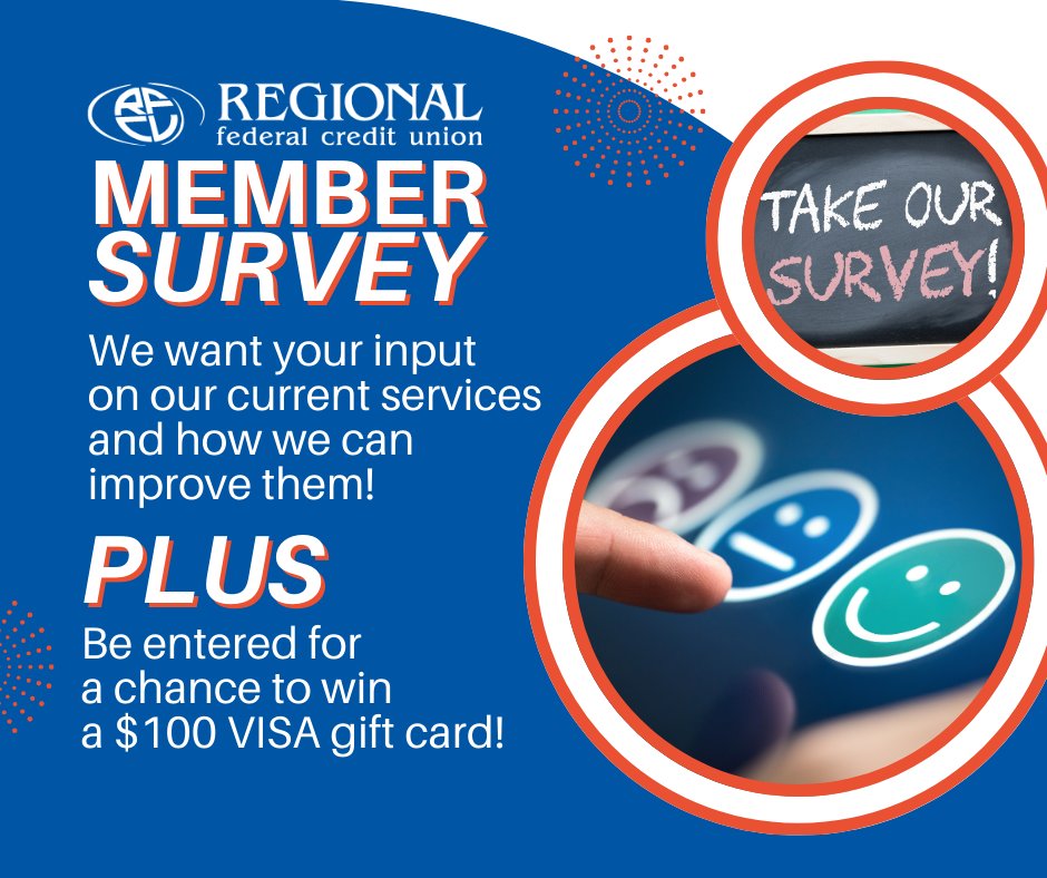 REGIONALFCU's tweet image. TODAY IS THE DEADLINE! REGIONAL is seeking your input! We sent out a survey to our members via e-mail to ask about our current financial services &amp;amp; how we can improve them. Fill it out &amp;amp; be entered for a chance to win a $100 VISA gift card!

#REGIONALDifference #MemberSurvey