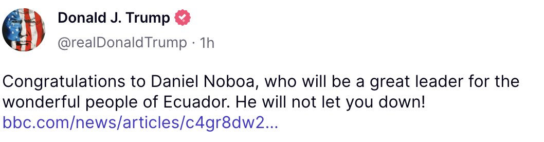 USembassyEC's tweet photo. .@POTUS: "¡Felicidades a Daniel Noboa, quien será un gran líder para el maravilloso pueblo del Ecuador! ¡No los decepcionará!"

Encuentra el link original aquí: https://t.co/bYuvcqhzxh https://t.co/DZyqb4P8xr
