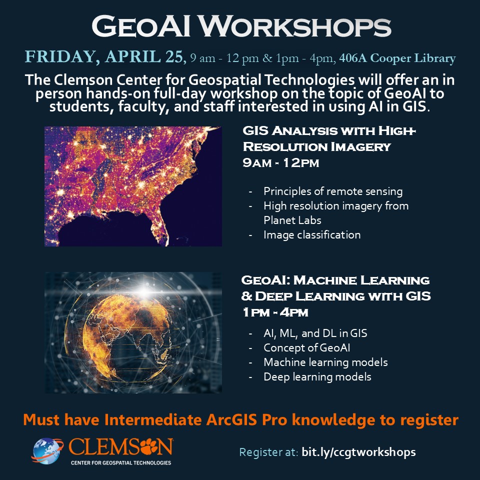 Are you interested in using AI with GIS data? Please join us for our free intermediate workshops on Remote Sensing and GeoAI on Friday, April 25th! Register at: bit.ly/ccgtworkshops
Prior GIS experience required.
#clemsonuniversity #GIS