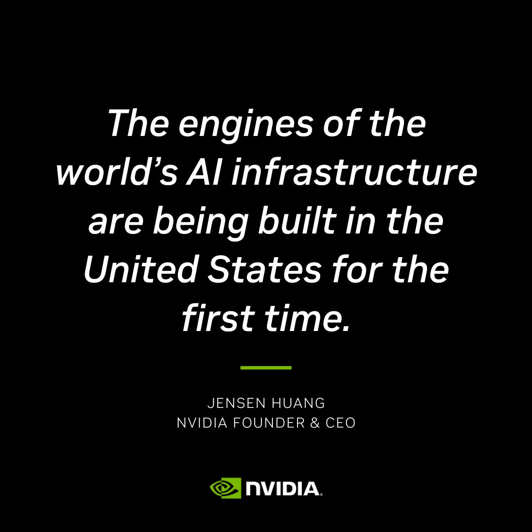 Within the next 4 years, NVIDIA plans to produce up to half a trillion dollars of AI infrastructure in the U.S. — partnering with TSMC, Foxconn, Wistron, Amkor &amp; SPIL.

We're meeting the demand for AI chips and supercomputers, strengthening supply chains, and boosting resiliency.