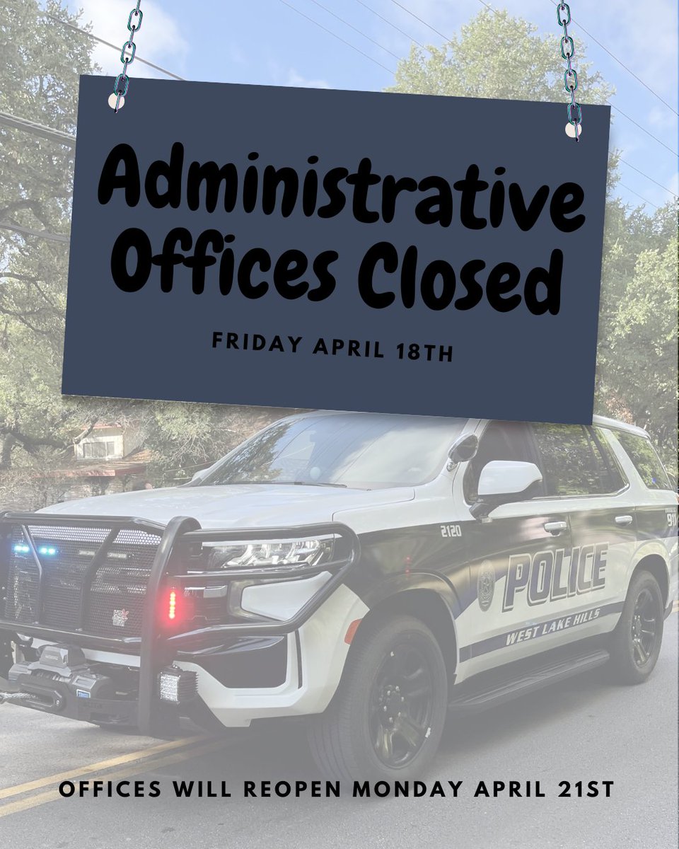 In observance of Good Friday, the Police Administrative Offices will be closed Friday, April 18th. We will reopen on Monday, April 21st.
For emergencies, call 911.
For non-emergencies, call 512-974-0845 and select Option #3.
We wish everyone a safe and peaceful holiday weekend!