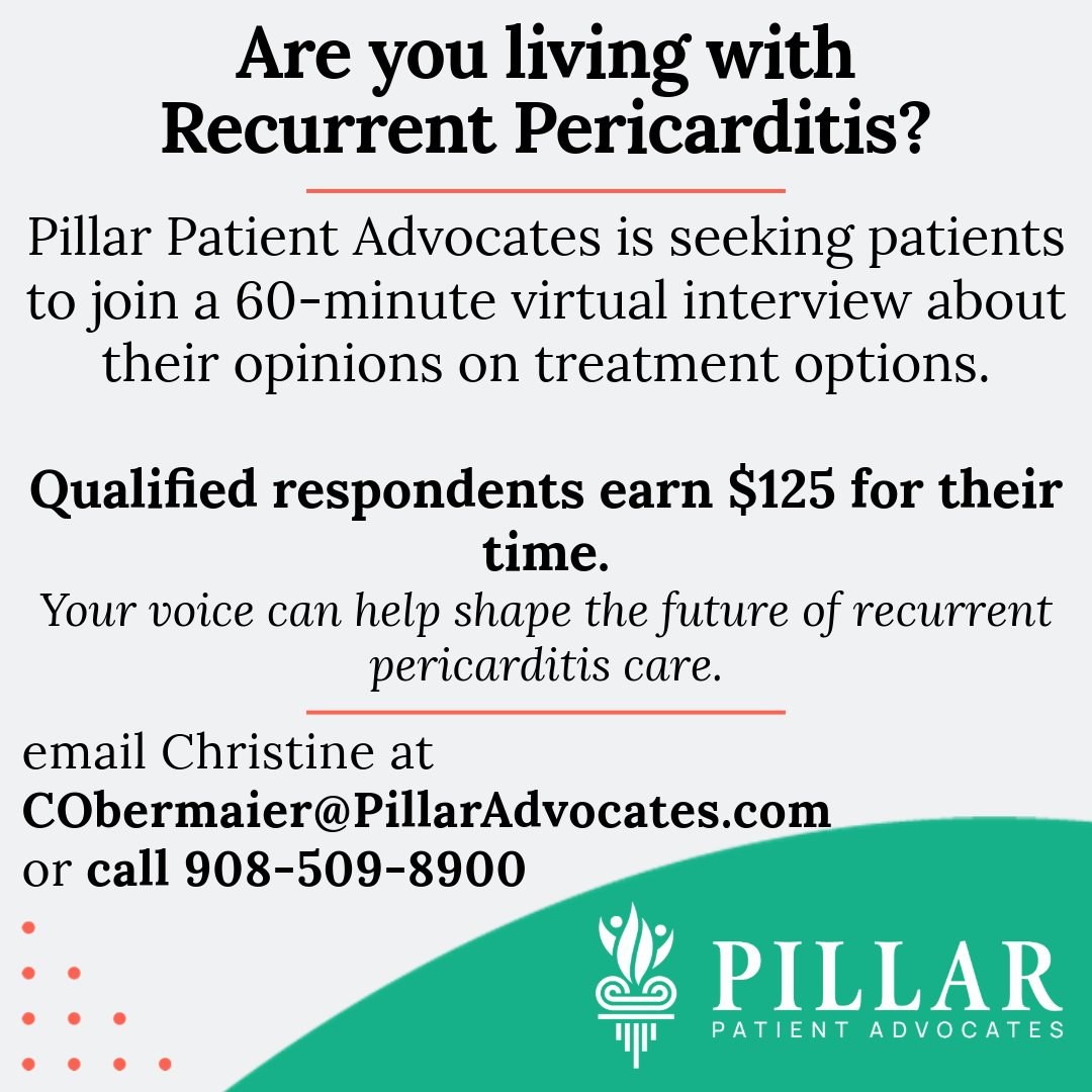 Pericarditis Alliance (@pericarditisa) on Twitter photo Pillar Patient Advocates is seeking patients to join a 60-minute virtual interview about their opinions on treatment options. Contact Christine if you're interested and would like to learn more;
š§ CObermaier@PillarAdvocates.com
š 908-509-8900 Pillar Patient Advocates is seeking patients to join a 60-minute virtual interview about their opinions on treatment options. Contact Christine if you're interested and would like to learn more;
š§ CObermaier@PillarAdvocates.com
š 908-509-8900