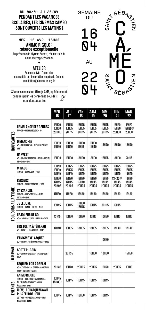 Horaires des séances pour la semaine du 16 au 22 avril 

#Nancy