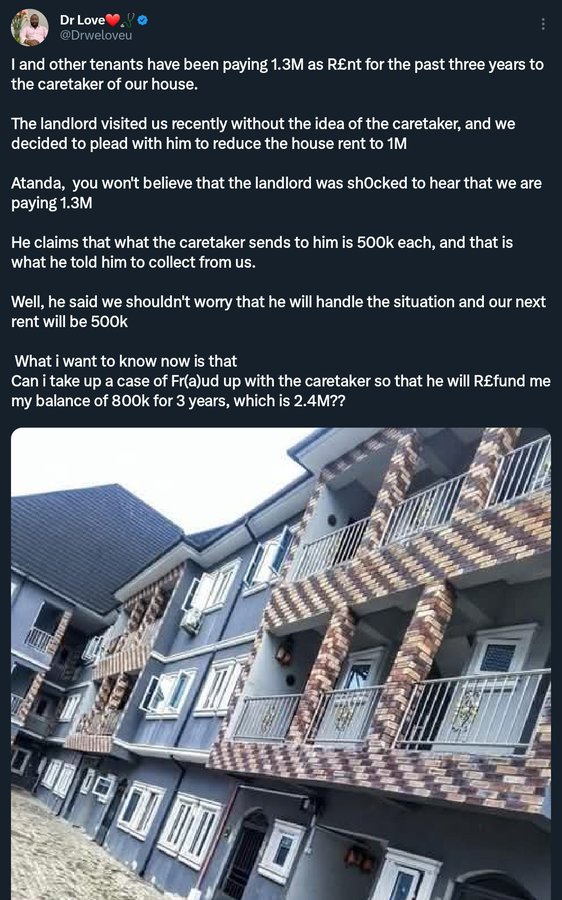 naijaloveinfo's tweet photo. A user on X narrates how the Agent of the house ๐ he rented has been milking other tenants and him for the past three years
Read the gist on the image ๐
#naijaloveinfo #houseagent #houserent https://t.co/bAzHT9hh23