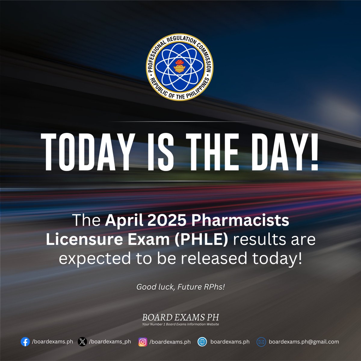 boardexams_ph's tweet photo. TODAY IS THE DAY! 🎉

The April 2025 Pharmacists Licensure Exam (PHLE) results are expected to be released today!

➝ Monitor the Results Here:
✅ Main Page: https://t.co/URuxCAfT2r
✅ A-F Passers: https://t.co/kzm2taZWW5
✅ G-L Passers: https://t.co/XGIxu4ansA
✅ M-R Passers: https://t.co/0vNeST9UrJ
✅ S-Z Passers: https://t.co/R0zb0wl9ND
✅ Topnotchers: https://t.co/BTMntp7nvM
✅ Top Schools: https://t.co/1P5kyUuJ35
✅ Verify Ratings: https://t.co/0iIFXX1yf4
✅ Oath-Taking: https://t.co/05A7qEVuhD

Best of luck, Future RPhs! 🙏