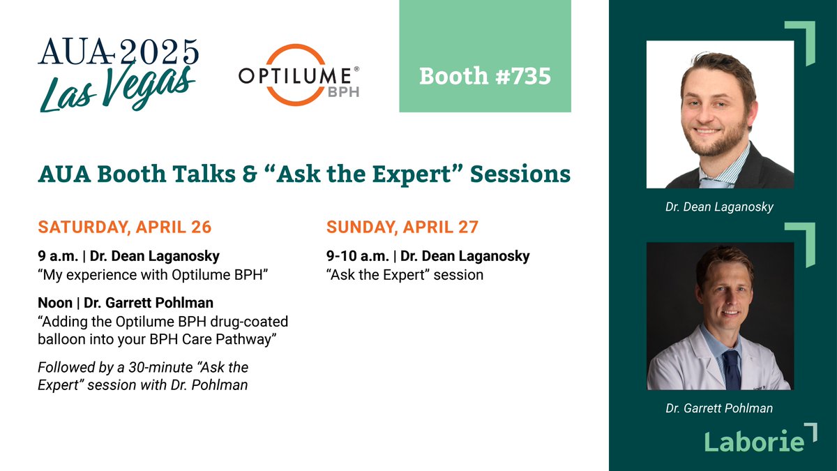 Optilume (@optilumedcb) on Twitter photo Have #OptilumeBPH questions? Ask the Expert(s)! <a href="/gpohlmanmd/">Garrett D Pohlman, M.D.</a> will be at #AUA25 booth 735 on 4/26 at noon and Dr. Laganosky on 4/27 at 9 a.m.
#AllAboutTheFlow #Urology #BPH #MensHealth #MIST #Laborie Have #OptilumeBPH questions? Ask the Expert(s)! <a href="/gpohlmanmd/">Garrett D Pohlman, M.D.</a> will be at #AUA25 booth 735 on 4/26 at noon and Dr. Laganosky on 4/27 at 9 a.m.
#AllAboutTheFlow #Urology #BPH #MensHealth #MIST #Laborie
