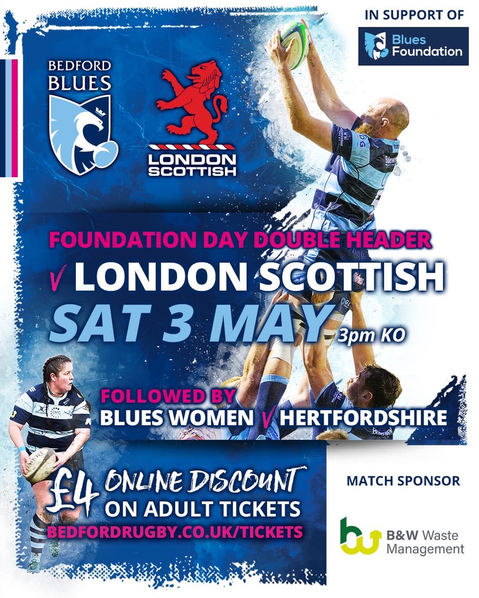 Bedford Blues (@bedfordbluesrfc) on Twitter photo ๐ต NEXT UP AT GR | A jam packed afternoon in store to kickstart Bank Holiday Weekend ๐
๐ค Historic Double Header
๐ Designated <a href="/bluesfoundatio1/">Bedford Blues Foundation</a> Day
๐ถ Entertainment throughout
๐ Penultimate home matchday
Secure your tickets now for the best rates ๐ซโก๏ธ bit.ly/BluesTicket1 ๐ต NEXT UP AT GR | A jam packed afternoon in store to kickstart Bank Holiday Weekend ๐
๐ค Historic Double Header
๐ Designated <a href="/bluesfoundatio1/">Bedford Blues Foundation</a> Day
๐ถ Entertainment throughout
๐ Penultimate home matchday
Secure your tickets now for the best rates ๐ซโก๏ธ bit.ly/BluesTicket1