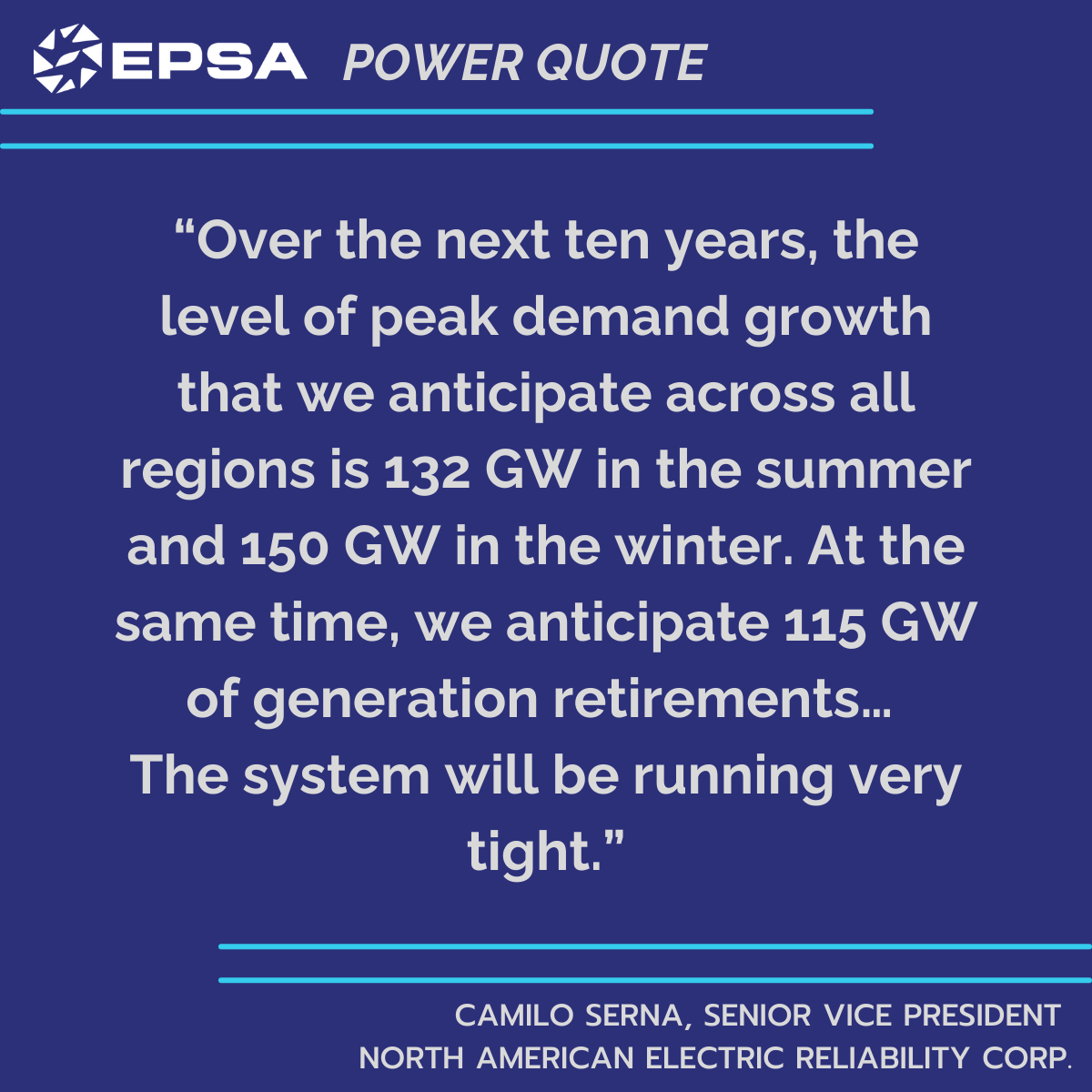 “The system will be running very tight.” NERC's Camilo Serna highlighted electric reliability concerns as demand rises while dispatchable resources retire. Get more insights from EPSA's Competitive Power Summit here: ow.ly/SrGC50Vz1M5

#CPS25 #energy