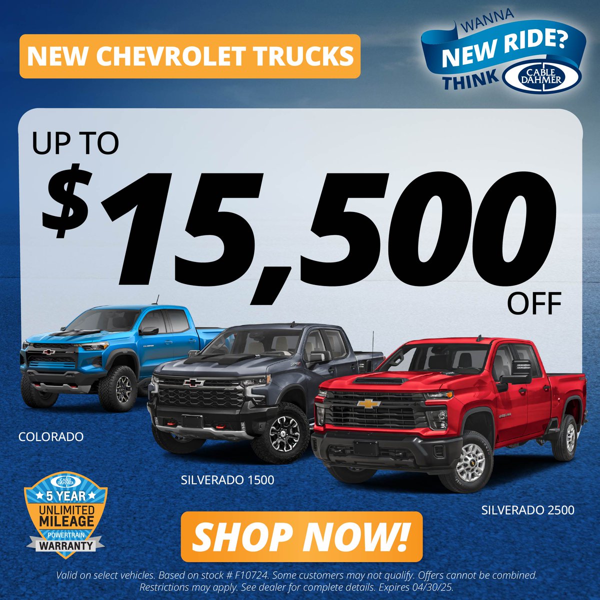 Save up to $15,500 on a new Chevrolet Silverado 1500, 2500, or Colorado at Cable Dahmer of Topeka!
Shop our truck inventory! ➡️ bit.ly/43MIuqC 
#Trucks #CableDahmer #Silverado #Colorado #Topeka
