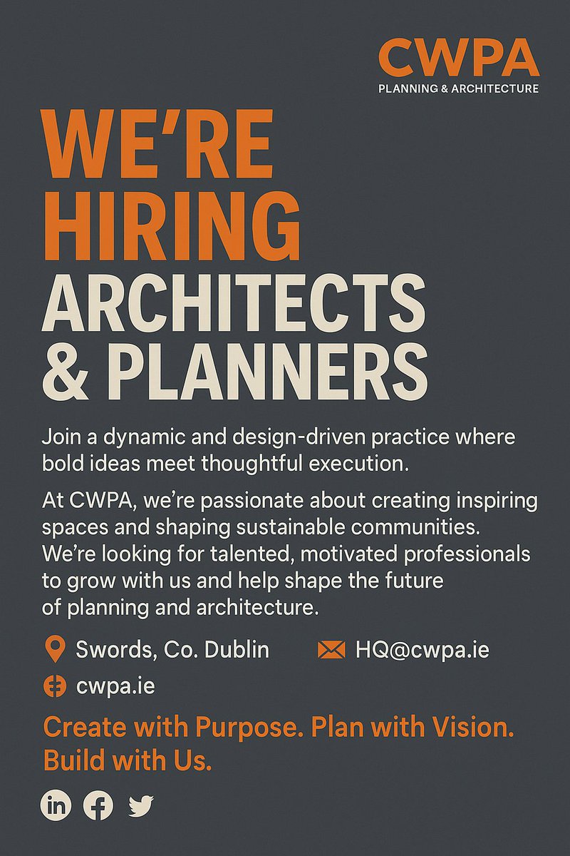 We're growing and we're looking for ambitious, creative architect &amp; planners to join our dynamic team at CWPA Planning &amp; Architecture. Apply now or get in touch at HQ@cwpa.ie #NowHiring #ArchitectureJobs #PlanningJobs #DublinJobs #Hiring