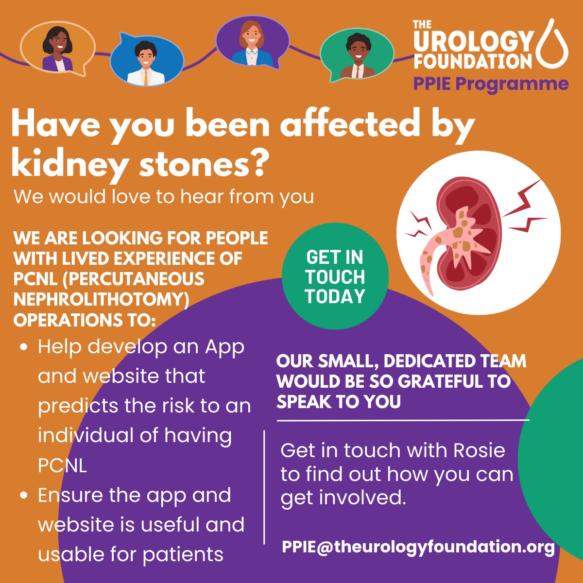 Have you been affected by #kidneystones? We're looking for people with lived experience of PCNL (Percutaneous nephrolithotomy) operations to help with the development of an app and website to predict the risk to individual of having PCNL. More details: ow.ly/g0aj50Vyc7y