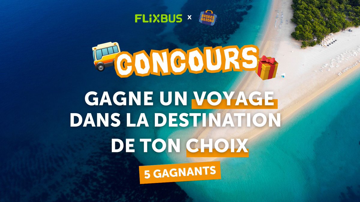 Brokendabroadfr's tweet photo. 🎁 CONCOURS GÉANT 🎁

Pour les 10 ans de @FlixBus_FR , on vous offre 5 tickets pour vos prochaines vacances 🚌  

Pour participer ⬇️ 

1️⃣ RT et Follow @Brokendabroadfr

2️⃣ Cite ce tweet et dis-nous où tu veux partir ! https://t.co/twnXj9IpDy