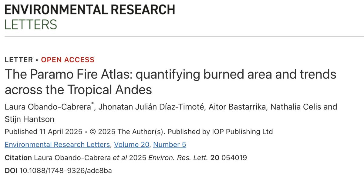 lauobando17's tweet photo. 🚨 New paper alert
🧵1/7
Excited to share my latest publication: The Paramo Fire Atlas, a high-resolution, 37-year burned area dataset for a unique high-elevation ecosystem in the northern Andes, crucial for water regulation, biodiversity and carbon storage
Let’s break it down ⬇️ https://t.co/8HiaWQJJVd