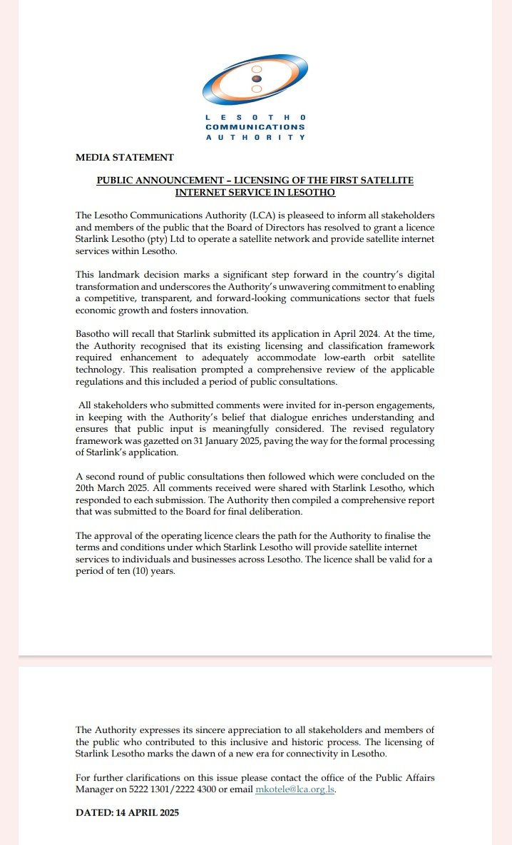 YourKayBol's tweet photo. The Lesotho Communications Authority (LCA) has announced that its Board of Directors has resolved to grant a licence  to Starlink Lesotho (pty) Ltd to operate a satellite network and provide satellite internet services within Lesotho. https://t.co/DdPQiM0jub
