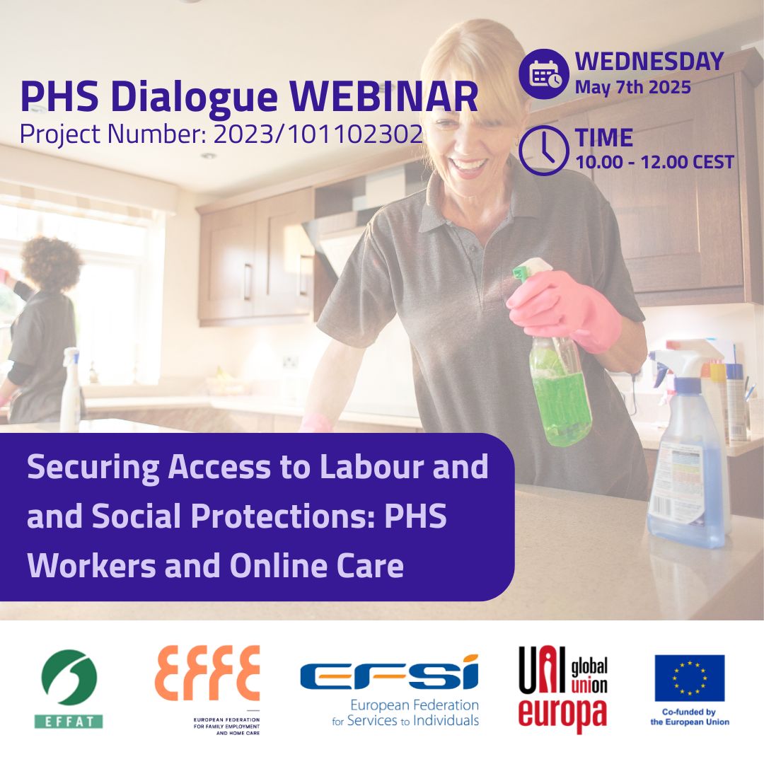 📣 Join our #PHSDialogue webinar on 7 May (10:00–12:00 CEST): Securing Access to Labour &amp; Social Protections in the #CareSector

🔎 Insights, discussions &amp; key findings on PHS workers’ rights &amp; social protections

🔗 Register: shorturl.at/8kbx4
#SocialDialogue #LabourRights