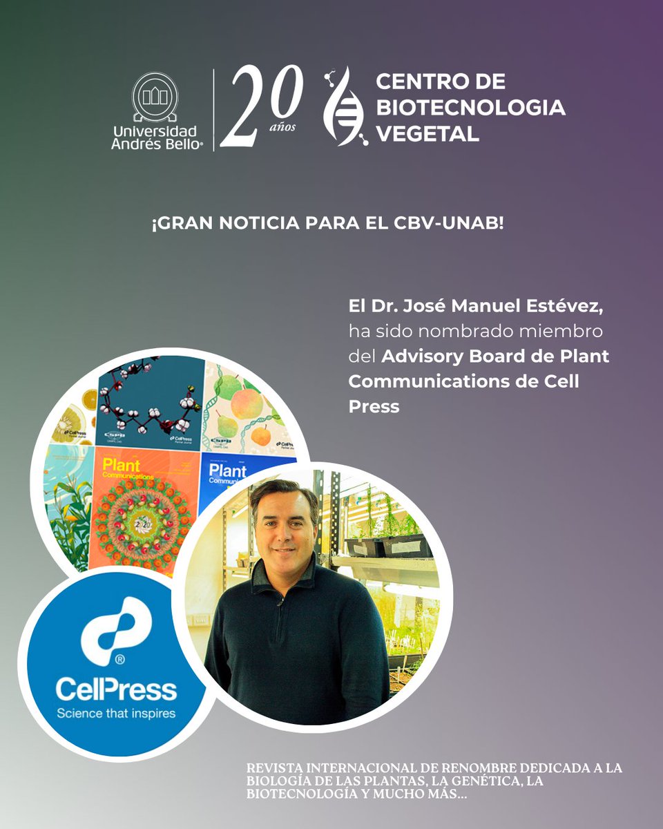 Centro de Biotecnología Vegetal UNAB (@cbvunab) on Twitter photo ¡Gran noticia! El Dr. José M. Estévez, PI del CBV de <a href="/uandresbello/">U. Andrés Bello</a>, ha sido nombrado miembro del Advisory Board de Plant Communications de <a href="/CellPressNews/">Cell Press</a>. Este logro destaca su contribución a la ciencia de las plantas y coloca a Chile en el mapa de la investigación internacional ¡Gran noticia! El Dr. José M. Estévez, PI del CBV de <a href="/uandresbello/">U. Andrés Bello</a>, ha sido nombrado miembro del Advisory Board de Plant Communications de <a href="/CellPressNews/">Cell Press</a>. Este logro destaca su contribución a la ciencia de las plantas y coloca a Chile en el mapa de la investigación internacional