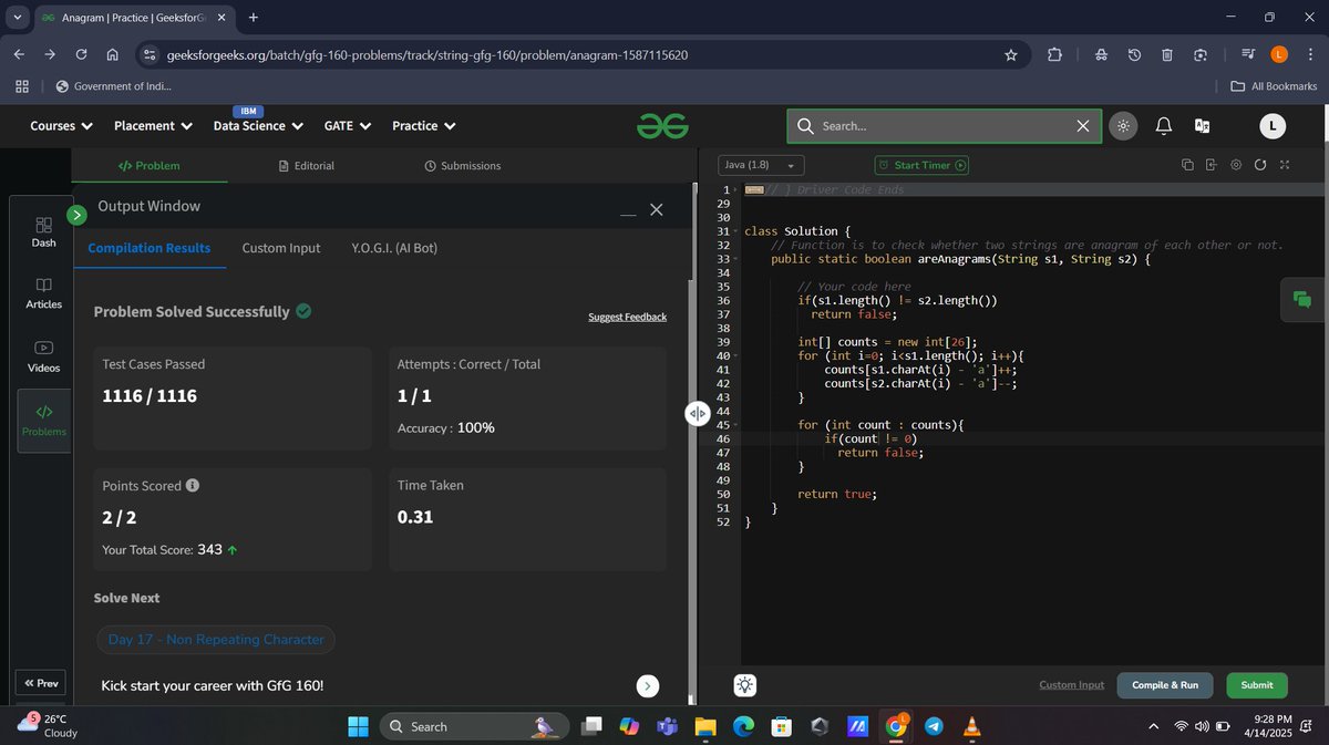 laxMx__7's tweet image. Day 16/160✅
Problem Statement - "Anagram"
Let's code & grow together!
#gfg160 #geekstreak2025 #javaprograming #Java #KeepCoding
@geeksforgeeks