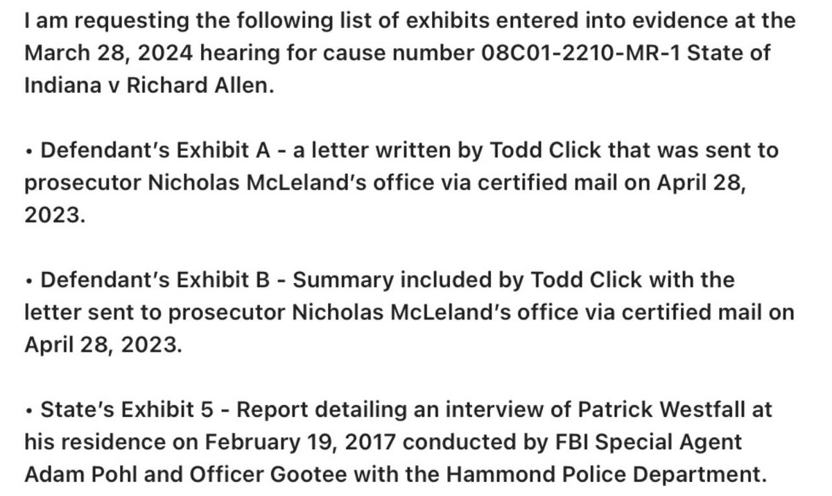 SleuthieGoosie's tweet photo. Judge Gull is quite literally hiding all exhibits filed throughout the entire #RichardAllen case that mentions anything or anyone other than Rick. These are public exhibits that were entered into evidence at a public hearing. Pic on the left is the denial - pic on the right is what I requested from her on 4/7/2025.