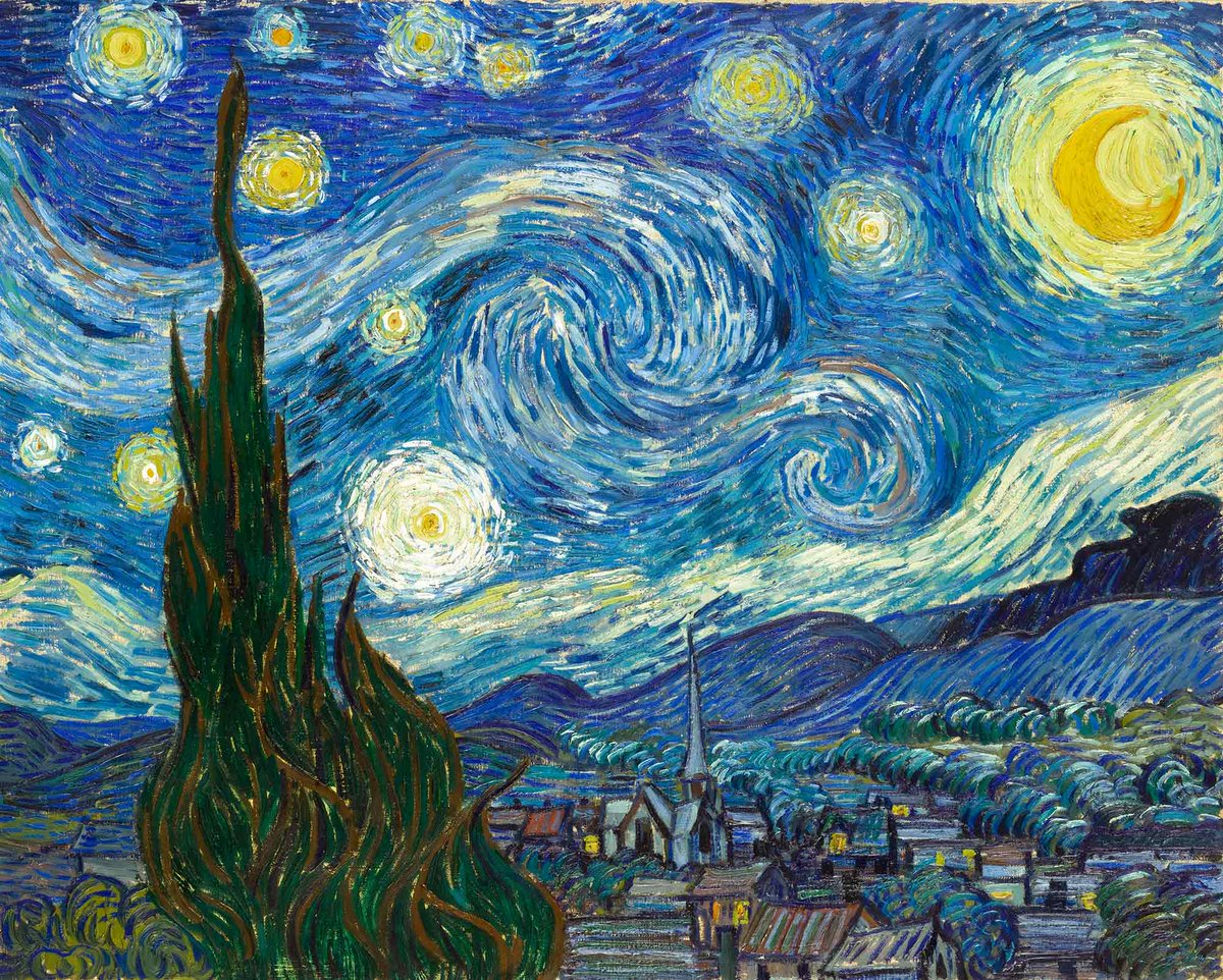B3Girisim's tweet photo. "Yıldızlı Gece", ünlü Hollandalı ressam Vincent van Gogh tarafından 1889 yılında yapılmıştır. Tablo, sanatçının Fransa’daki bir akıl hastanesinde kaldığı dönemde çizilmiştir. Van Gogh, bu manzarayı penceresinden gördüğü gece manzarasını hayal gücüyle birleştirerek oluşturmuştur. https://t.co/jzenHcQMBO