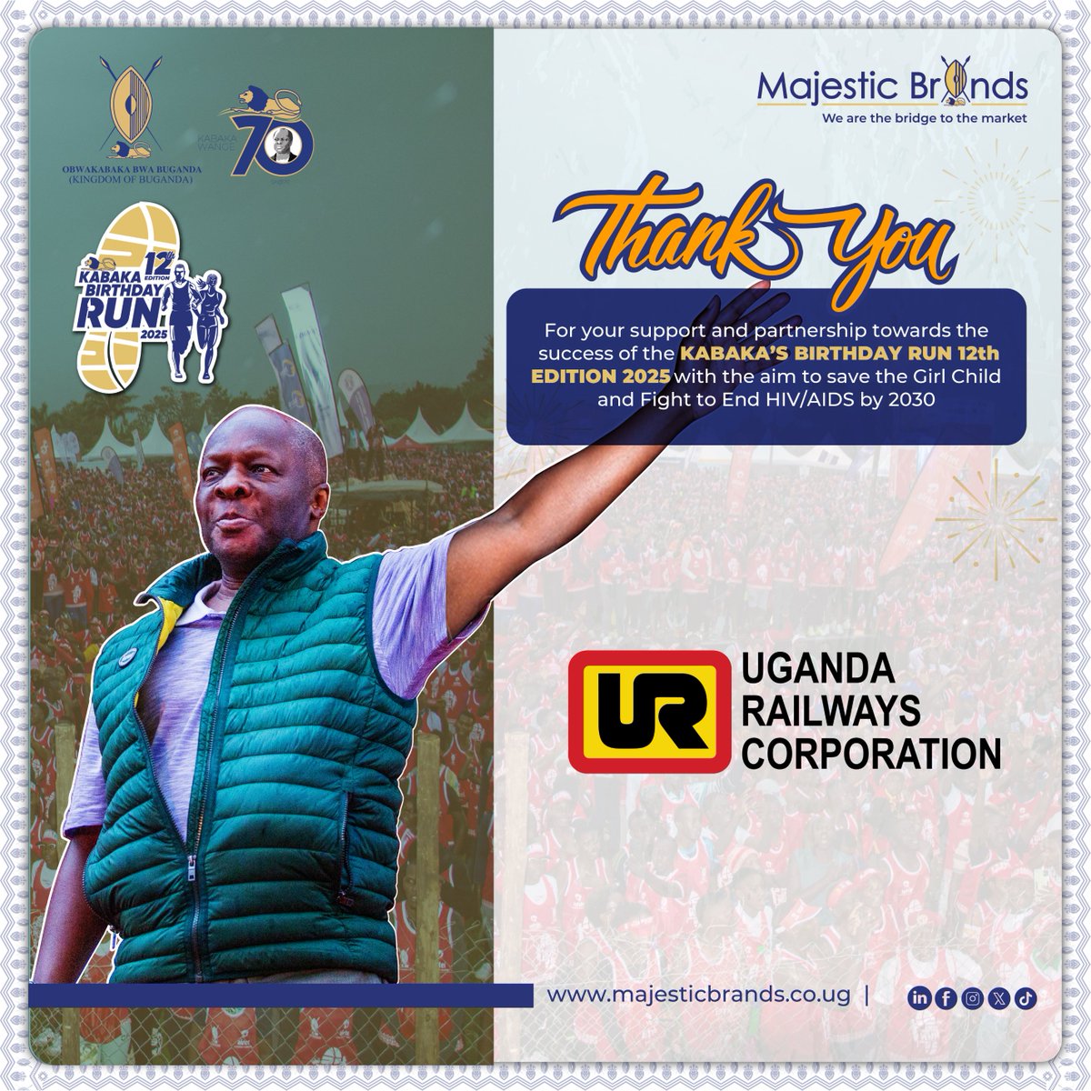 Majestic Brands (@majestic_brands) on Twitter photo Thank you,Uganda Railways Corporation (URC)
<a href="/RailwaysUganda/">UGANDA RAILWAYS CORPORATION</a> , for your support and partnership towards the success of the 12th #kabakabirthdayrun2025 with the aim to save the Girl Child and Fight to End HIV/AIDS by 2030.
Uganda Railways Corporation (URC) is a corporate Thank you,Uganda Railways Corporation (URC)
<a href="/RailwaysUganda/">UGANDA RAILWAYS CORPORATION</a> , for your support and partnership towards the success of the 12th #kabakabirthdayrun2025 with the aim to save the Girl Child and Fight to End HIV/AIDS by 2030.
Uganda Railways Corporation (URC) is a corporate